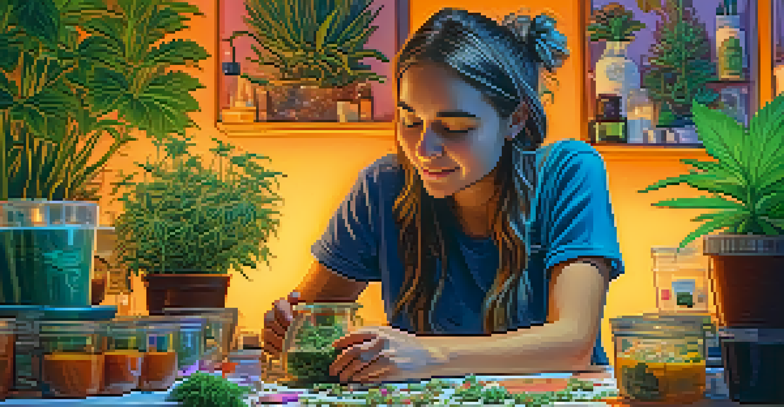 A young adult working on a DIY cannabis project at home, surrounded by plants and colorful ingredients in a cozy room with fairy lights.