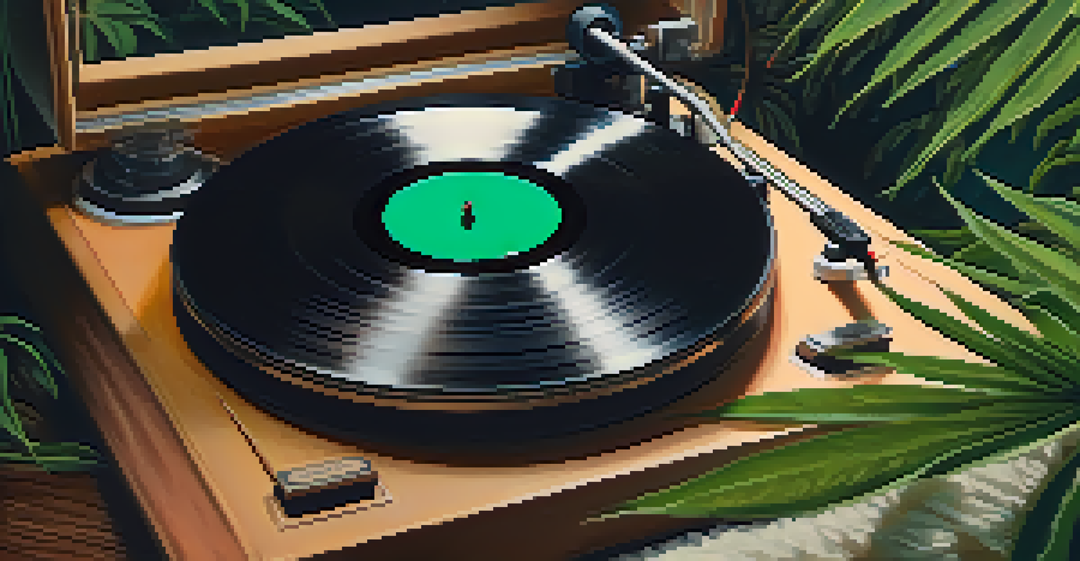 A close-up of a vinyl record on a turntable with a hand placing the needle, surrounded by soft lighting and hints of cannabis leaves in the background.