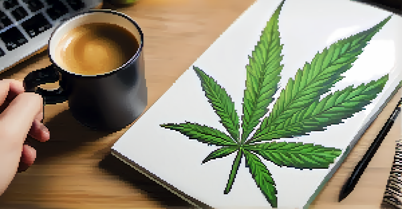 Close-up of a hand writing on a notepad with a cannabis leaf design, surrounded by a laptop and coffee cup in a creative workspace.
