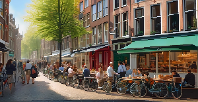 A lively outdoor scene at a coffeeshop in Amsterdam with people enjoying coffee and pastries, surrounded by traditional Dutch architecture and bicycles.