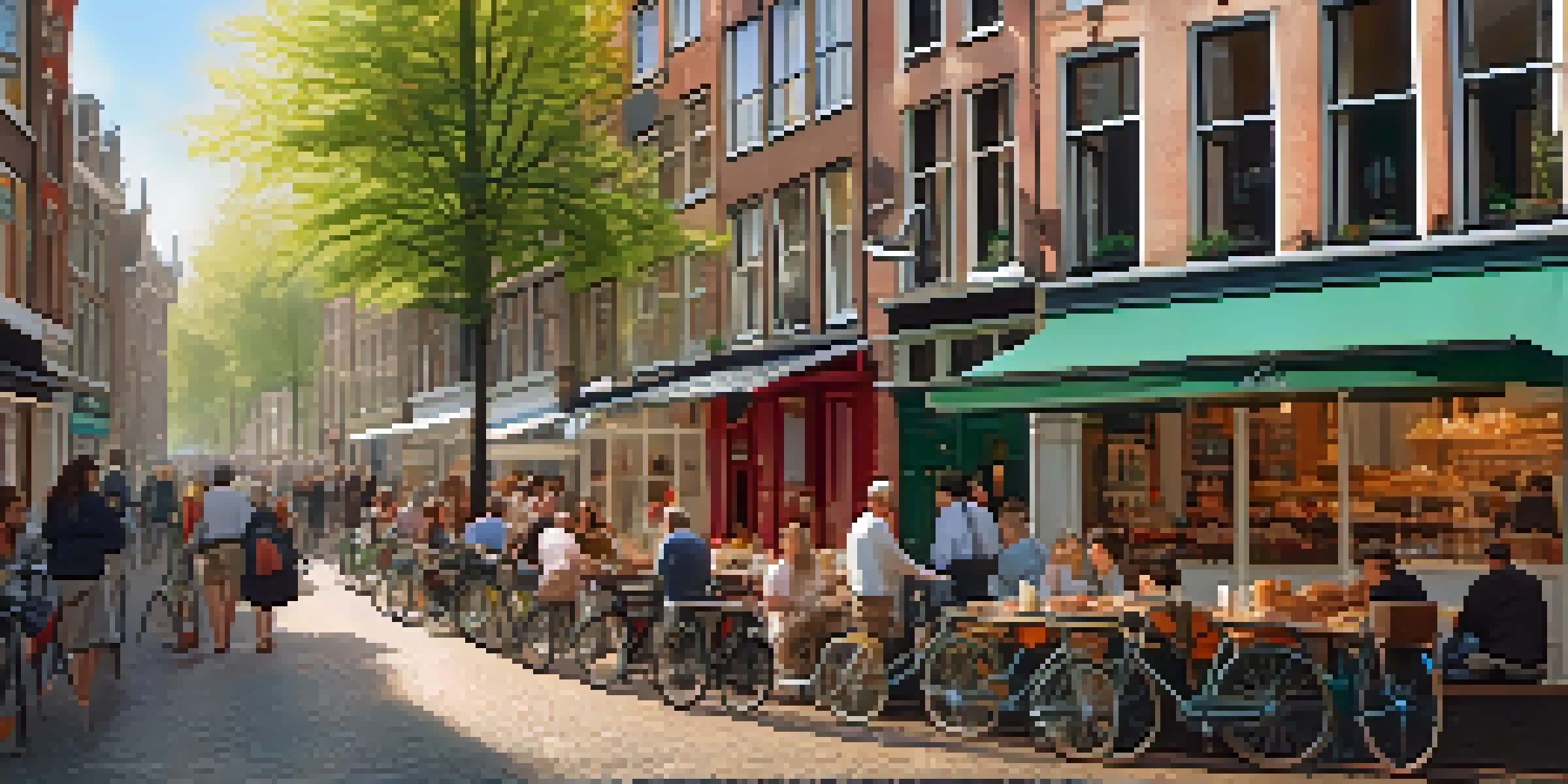 A lively outdoor scene at a coffeeshop in Amsterdam with people enjoying coffee and pastries, surrounded by traditional Dutch architecture and bicycles.