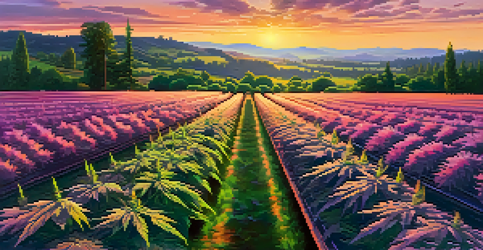 A tranquil cannabis farm at sunset with rows of green plants under a colorful sky, showcasing a peaceful rural landscape.