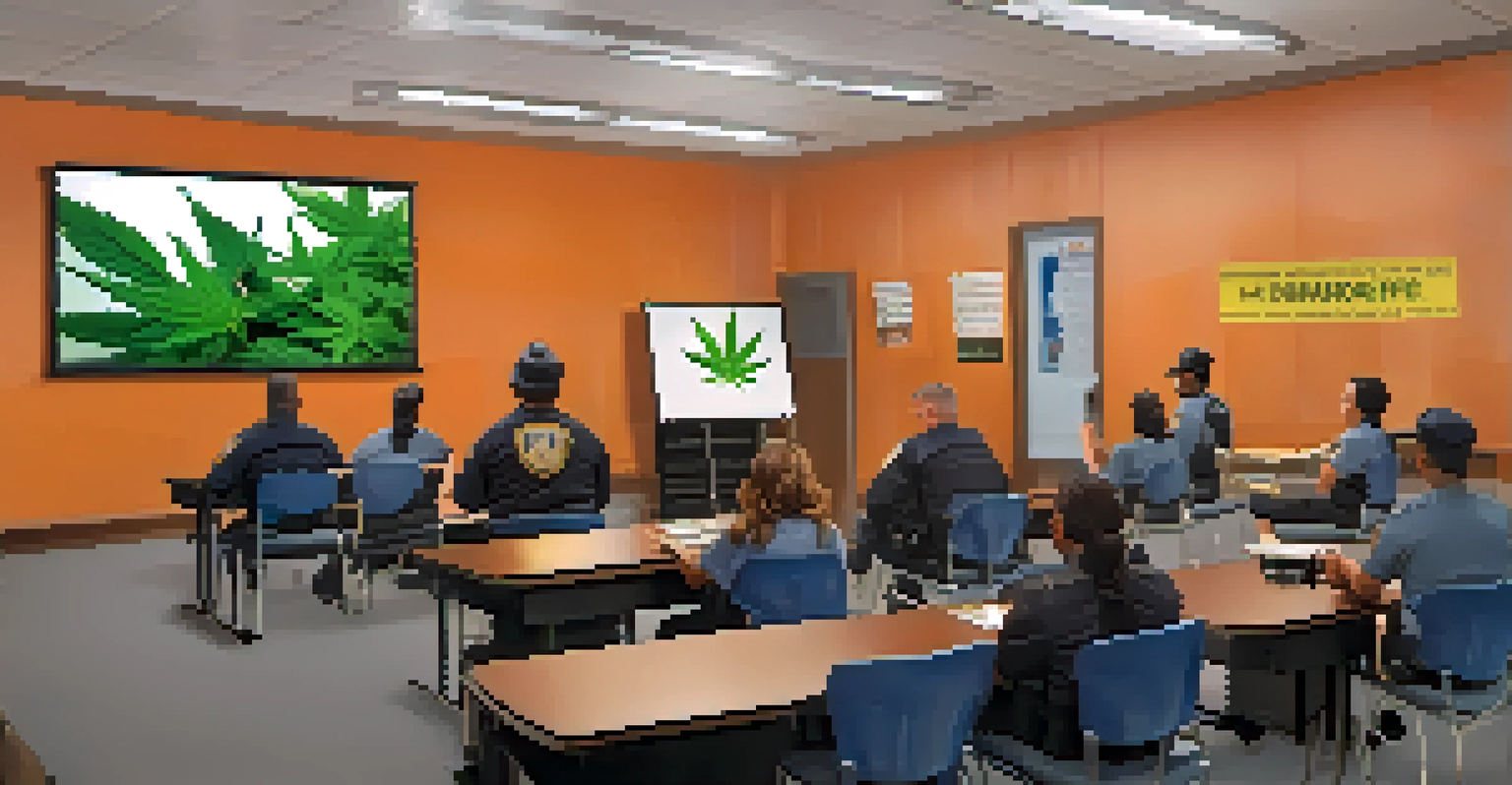 Law enforcement officers participating in a training session about marijuana laws, practicing scenarios in a classroom.