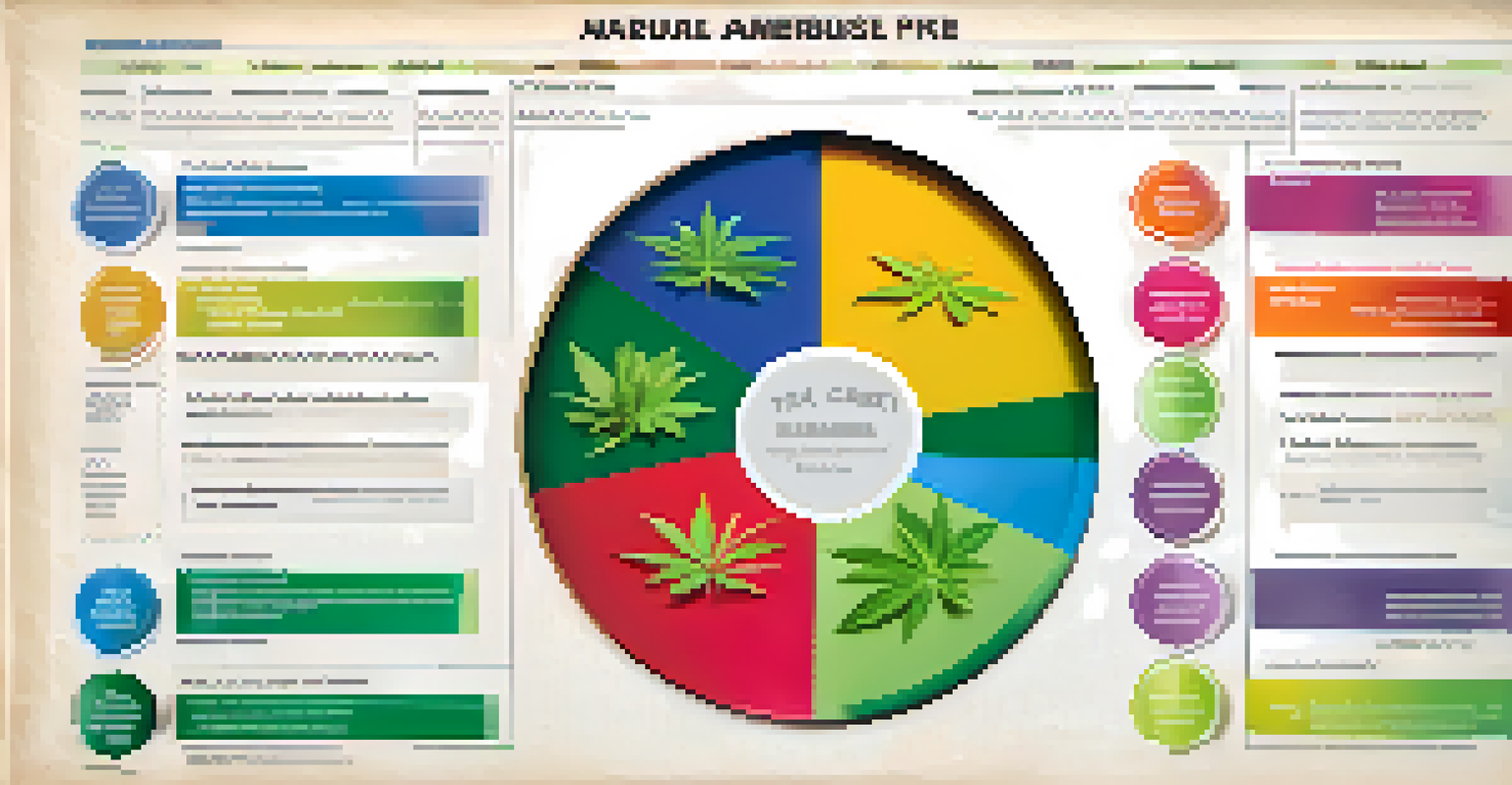 A colorful pie chart showing tax revenue distribution from marijuana legalization, with icons for education, healthcare, and public safety.