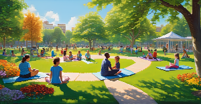 A peaceful community park with people enjoying picnics, playing, and practicing yoga amidst lush greenery and flowers.