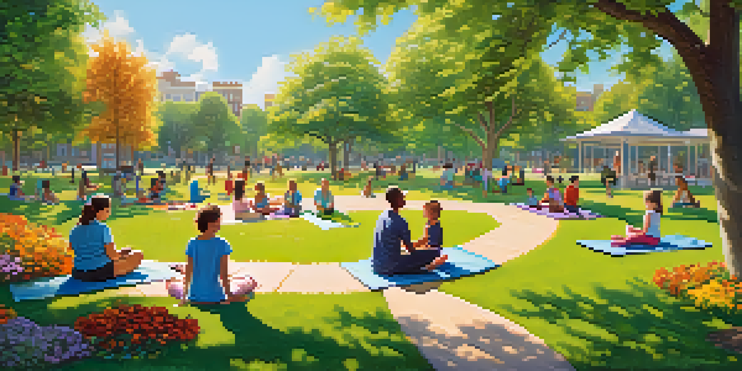 A peaceful community park with people enjoying picnics, playing, and practicing yoga amidst lush greenery and flowers.