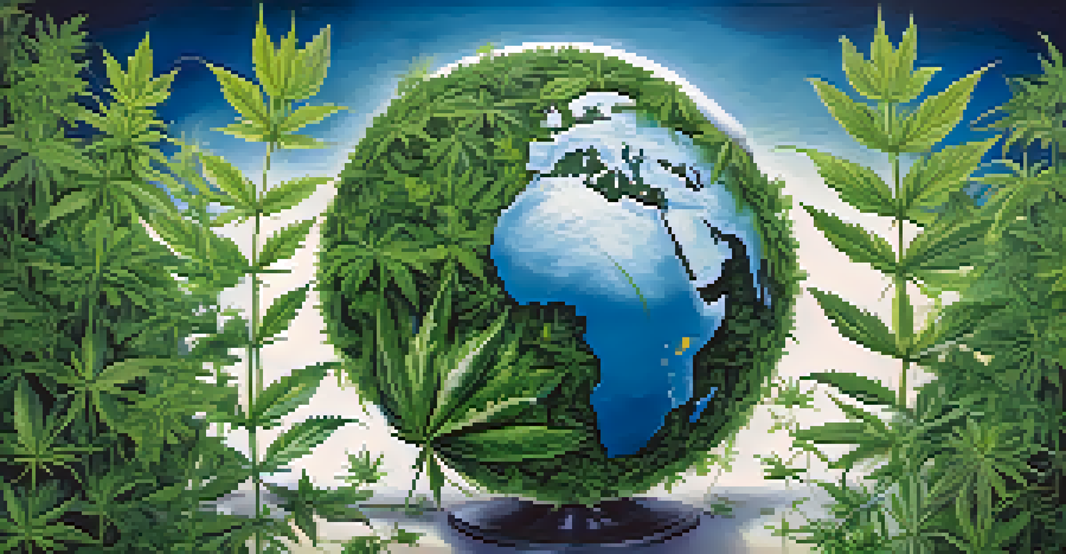 A globe surrounded by cannabis leaves, symbolizing the global perspective on marijuana policies, against a soft blue to white gradient background.