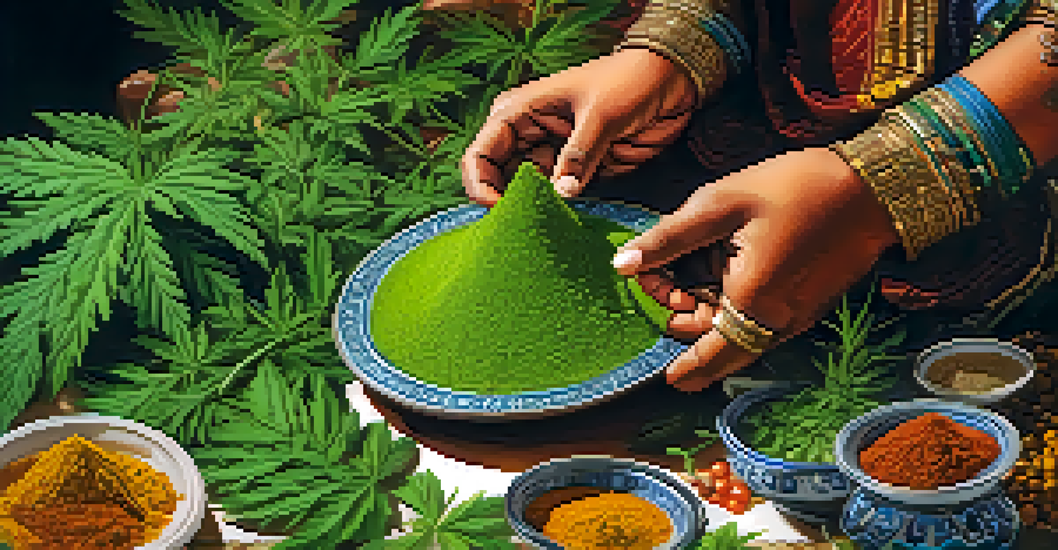 A close-up of traditional bhang preparation with green cannabis leaves and spices on a decorative plate.