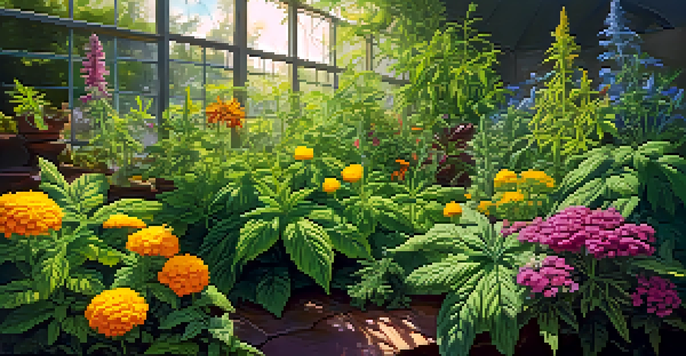 A colorful garden with cannabis plants surrounded by basil, cilantro, and marigolds, illuminated by sunlight.