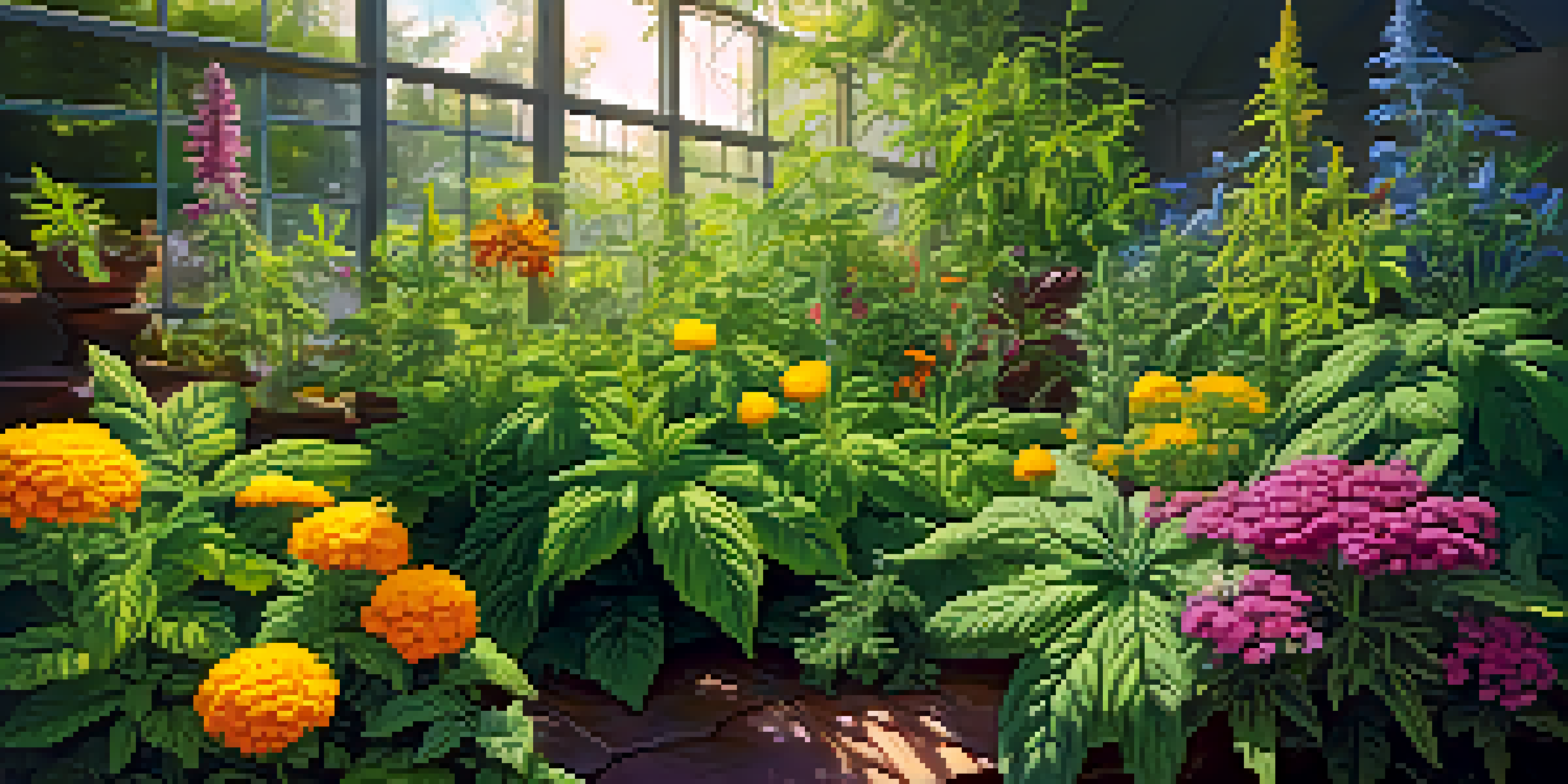 A colorful garden with cannabis plants surrounded by basil, cilantro, and marigolds, illuminated by sunlight.
