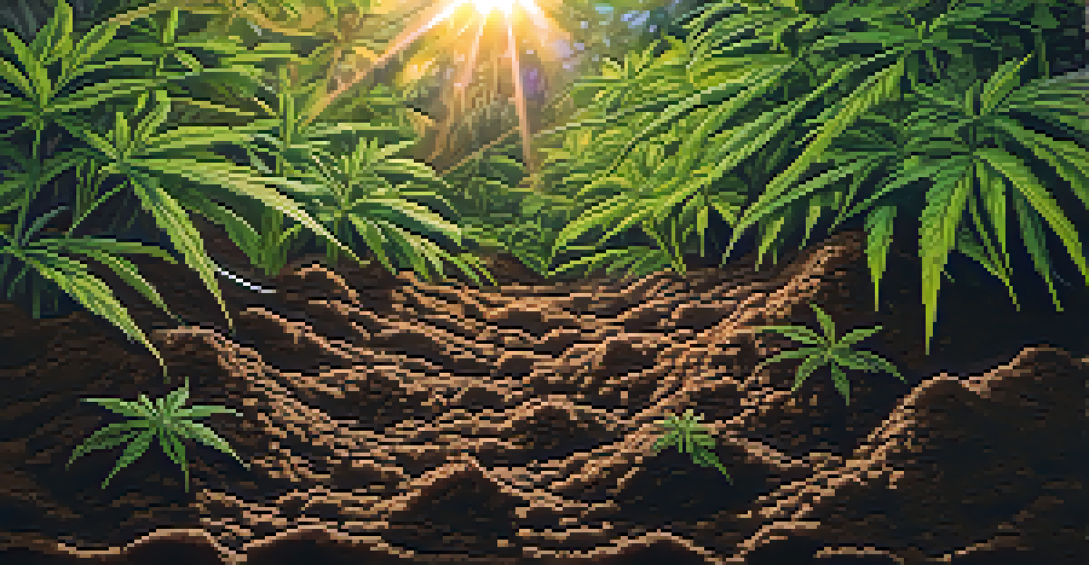 Close-up of healthy soil in a cannabis farm, highlighting diverse root systems and microorganisms.