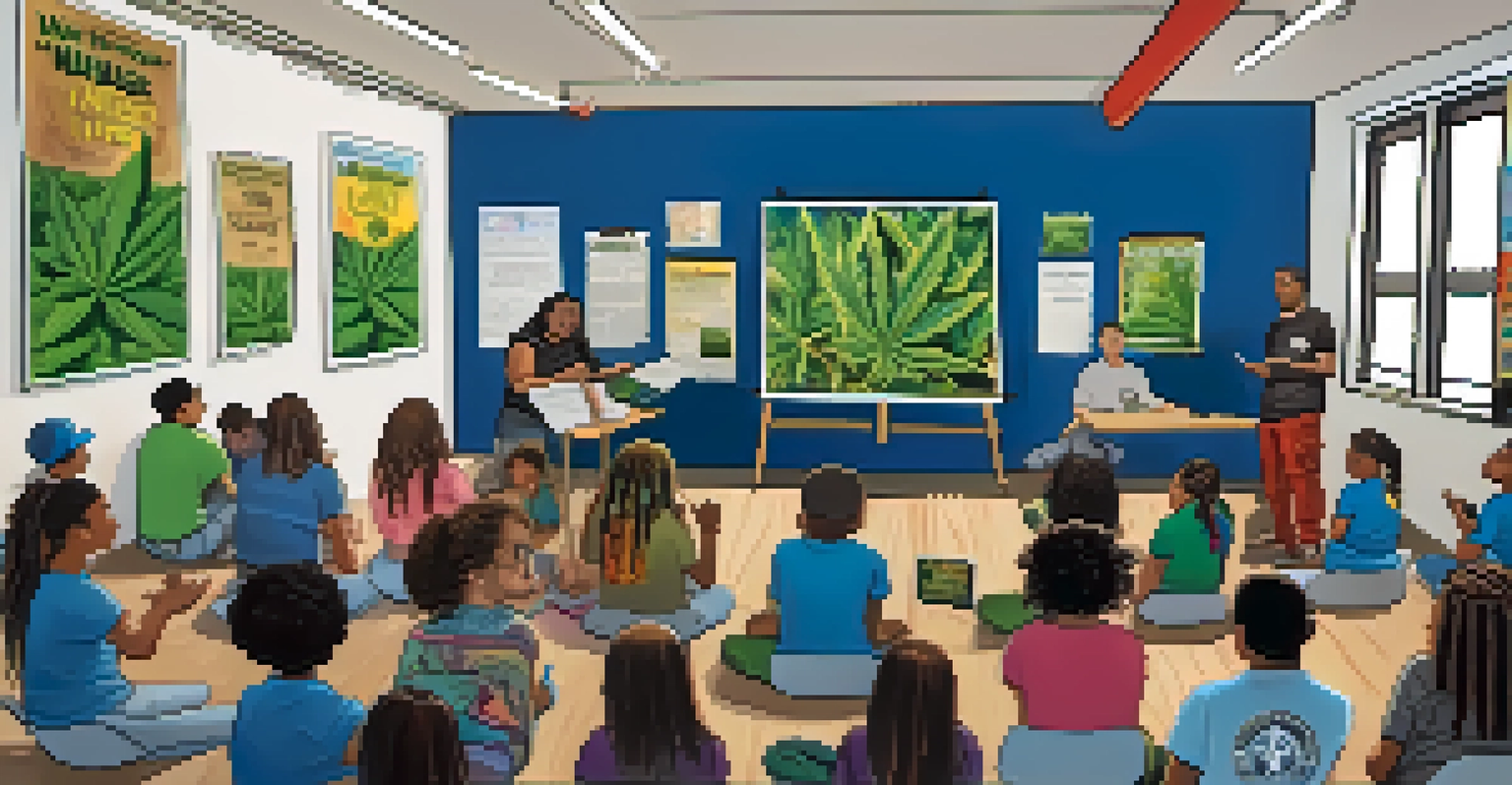 A community workshop on marijuana reform led by a young activist, with participants actively listening and taking notes.