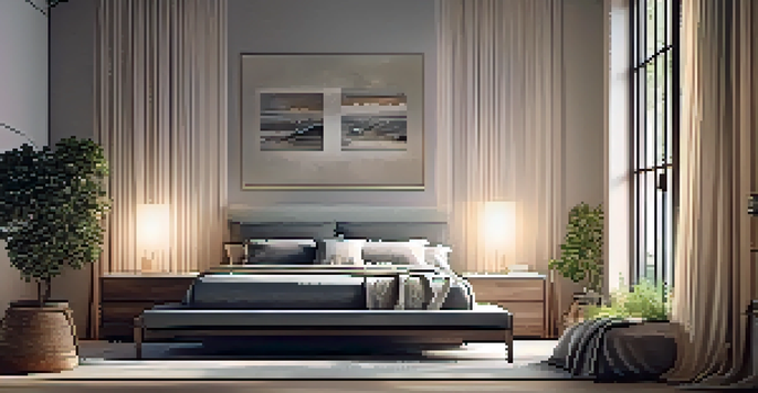 A tranquil bedroom with a cozy bed, soft pillows, and ambient lighting, creating a peaceful atmosphere for sleep.