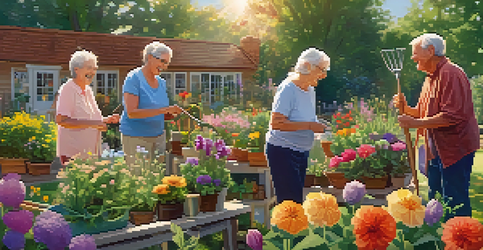Seniors gardening in a community garden, surrounded by flowers and greenery, smiling and interacting in a warm, sunny atmosphere.