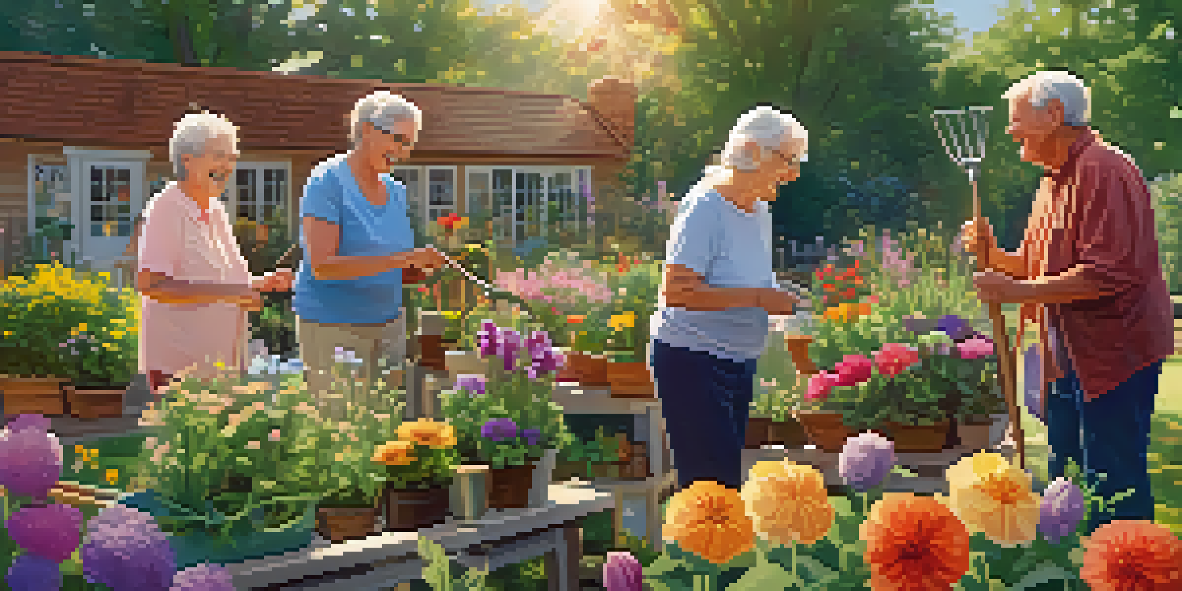 Seniors gardening in a community garden, surrounded by flowers and greenery, smiling and interacting in a warm, sunny atmosphere.