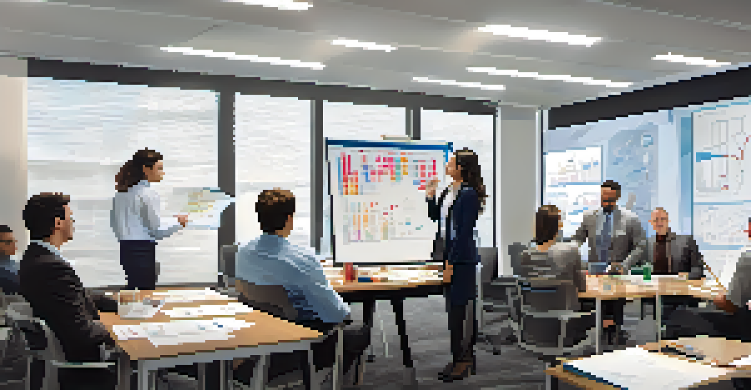 A group of professionals in a modern office engaged in crisis simulation training, with charts on a whiteboard in the background and a focus on teamwork and preparedness.
