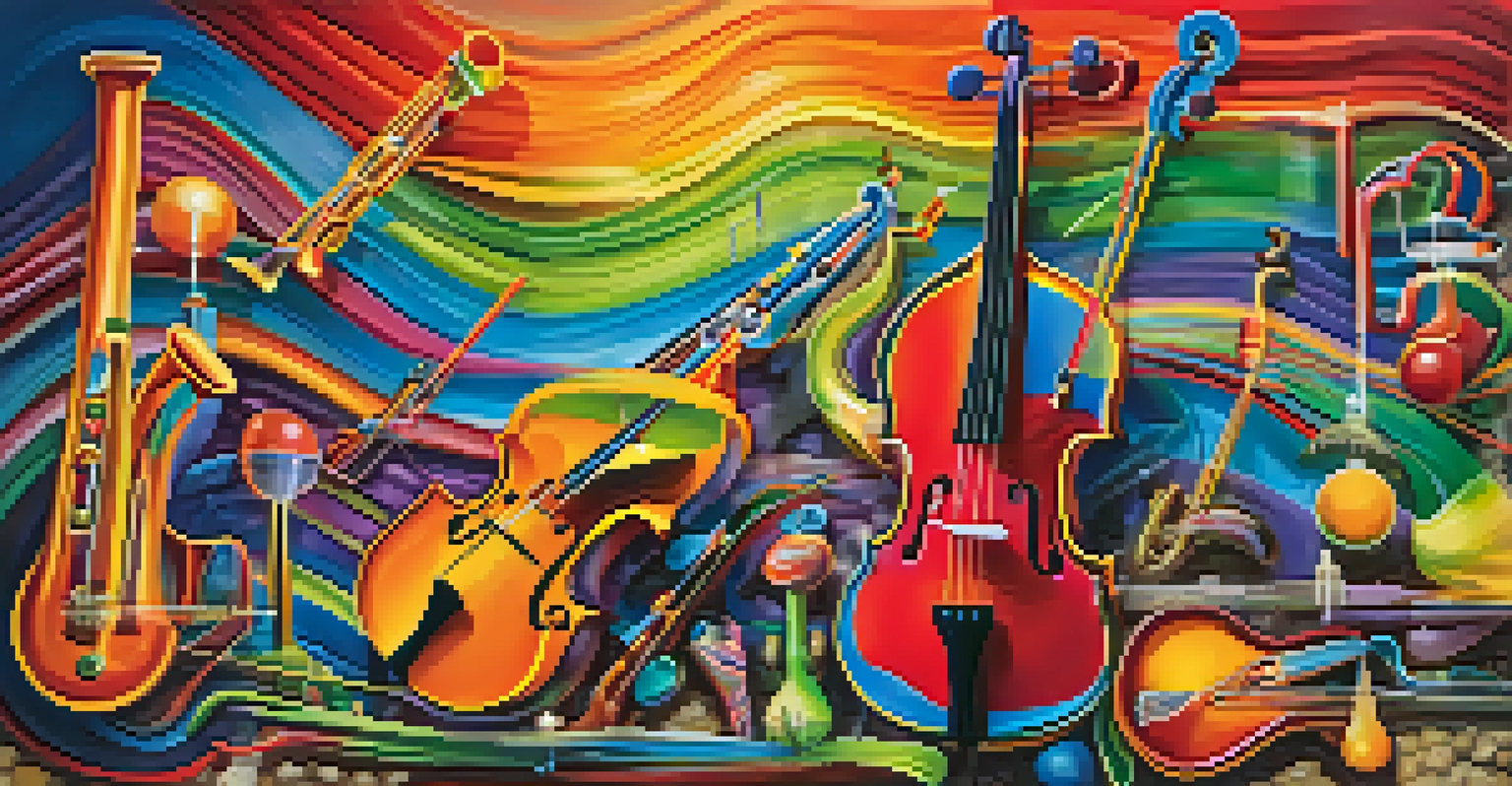 Artistic representation of the endocannabinoid system as an orchestra with colorful energy waves.
