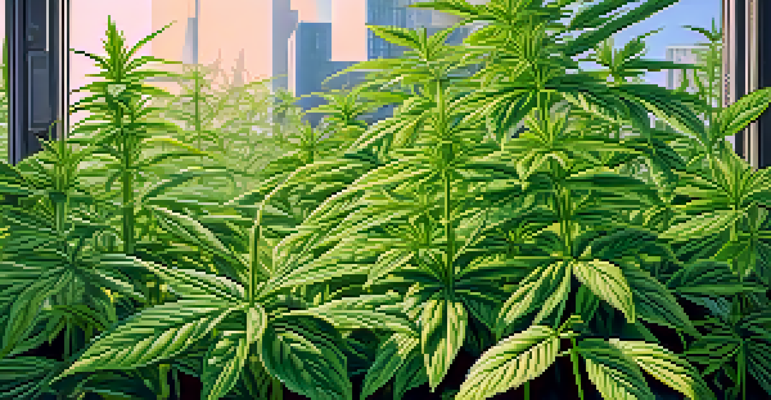Close-up of healthy cannabis plants in an urban farm, showcasing their vibrant green leaves against a softly blurred city backdrop.