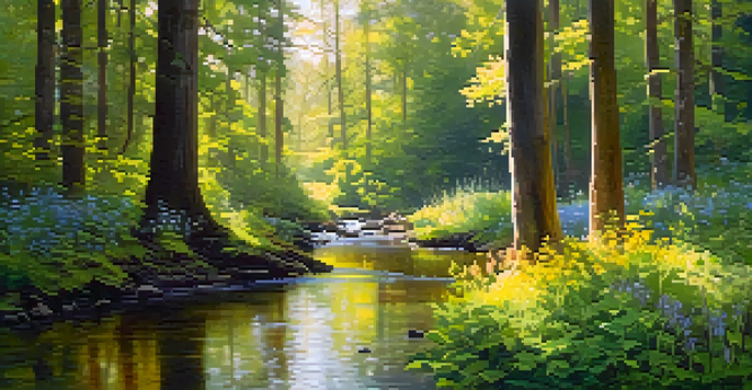 A peaceful forest with tall trees and sunlight, a stream in the foreground, and colorful wildflowers.