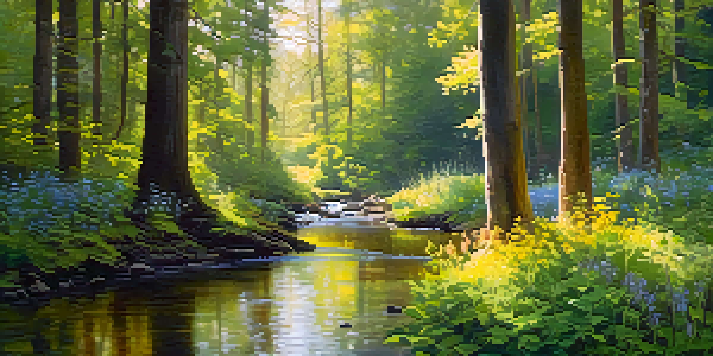 A peaceful forest with tall trees and sunlight, a stream in the foreground, and colorful wildflowers.