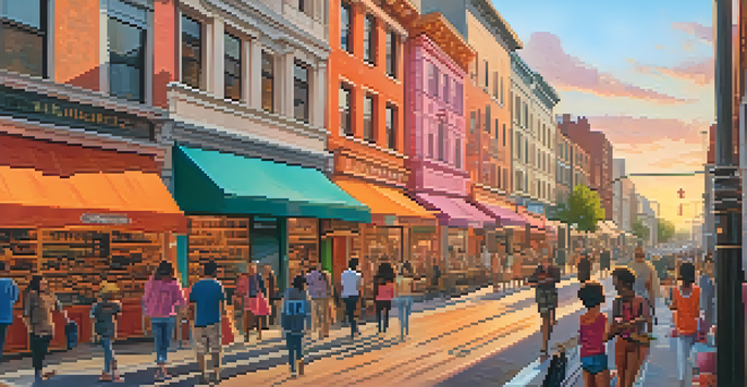 A sunset cityscape with diverse people and colorful murals on buildings.