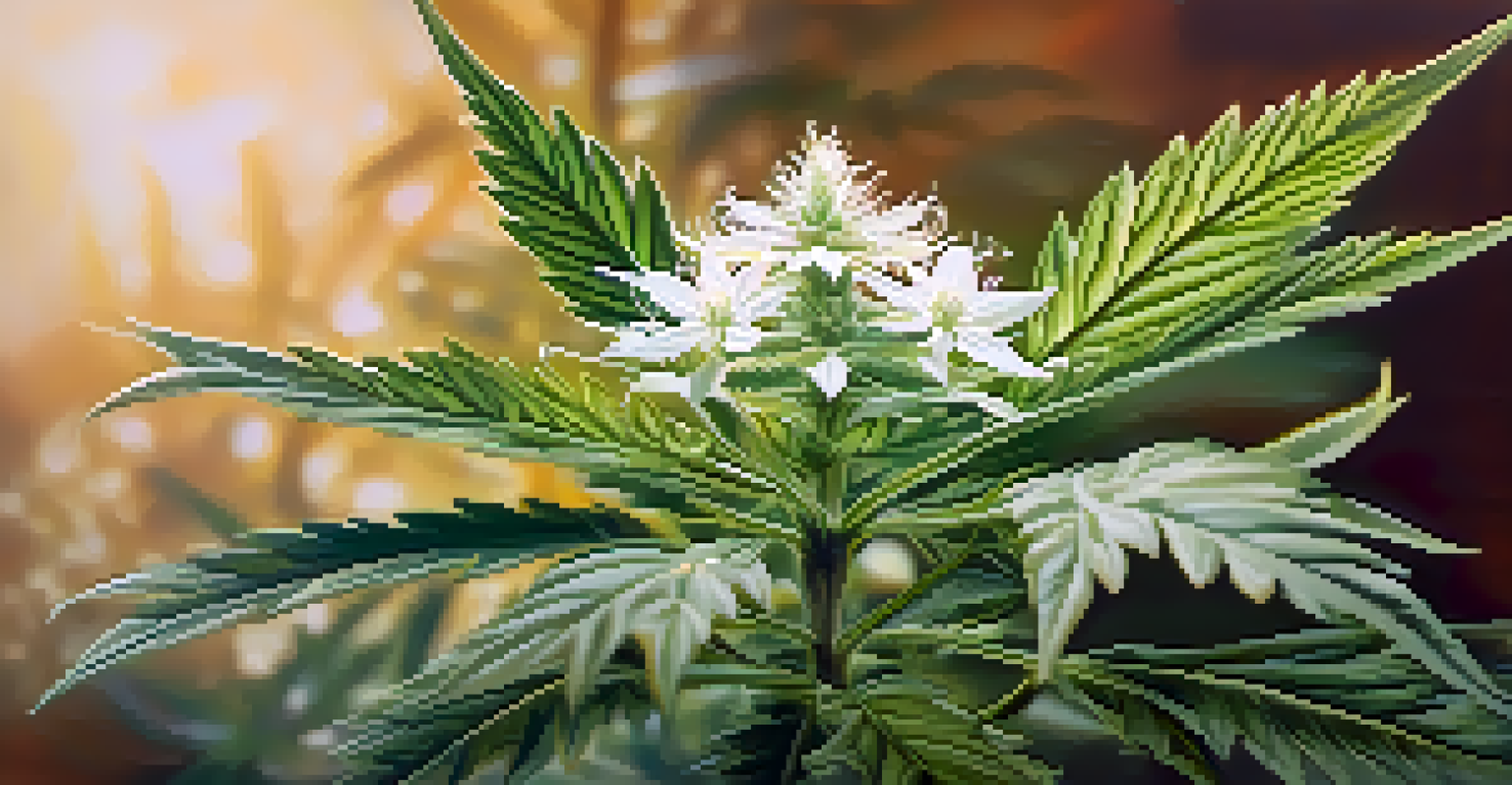 A close-up of a cannabis plant with vibrant green leaves and white flowers, against a softly blurred earthy background.