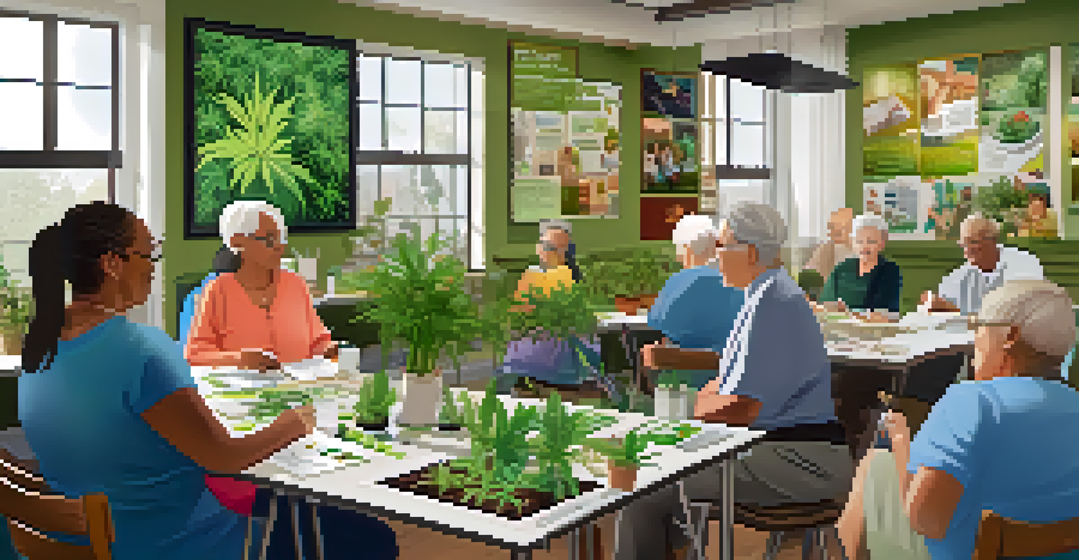Seniors participating in a cannabis education workshop, listening to an instructor with plants and information around them.