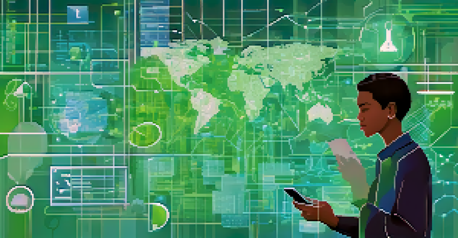 A person using a smartphone app for evaluating crisis intervention, with digital data visuals in the background.