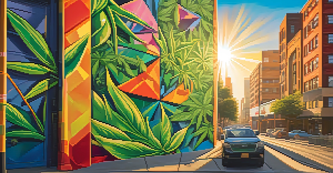 A colorful street mural featuring cannabis leaves and geometric shapes against an urban background with a sunset.
