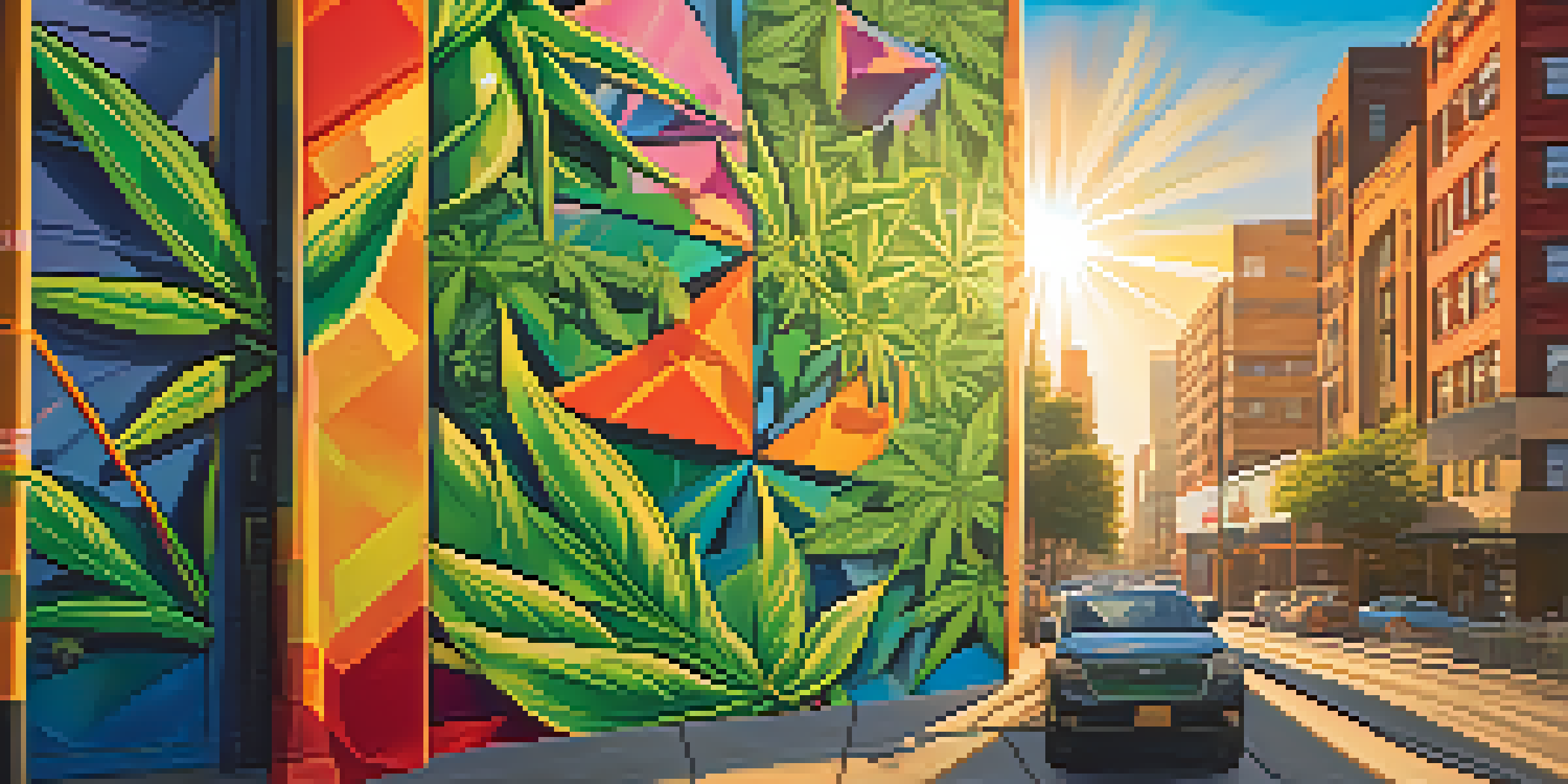 A colorful street mural featuring cannabis leaves and geometric shapes against an urban background with a sunset.