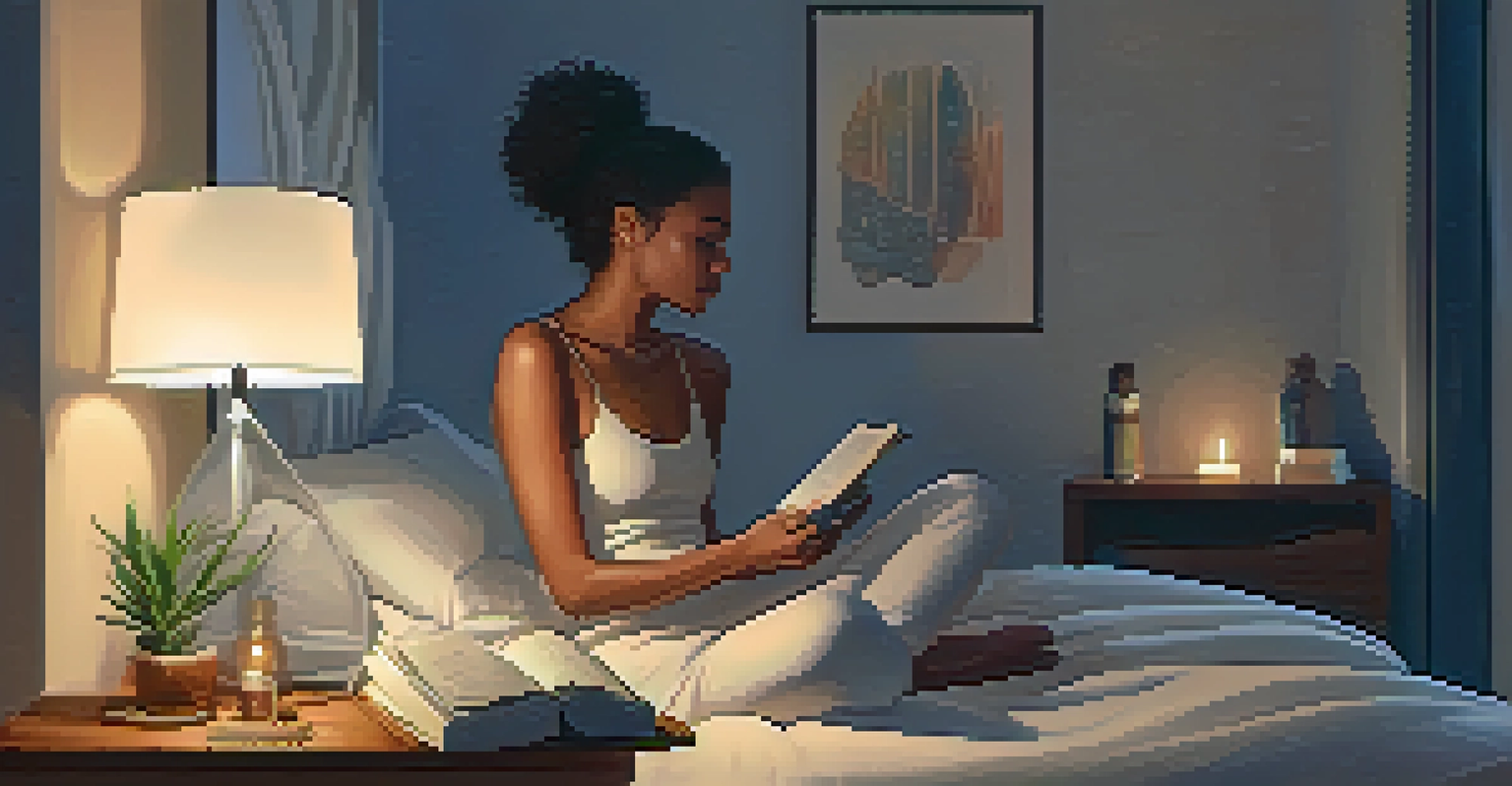 A person preparing for bed with CBD oil and a journal in a softly lit room.