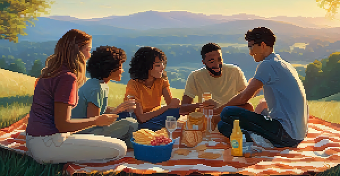 A group of friends sitting together on a grassy hill at sunset, engaging in a positive discussion, surrounded by nature.