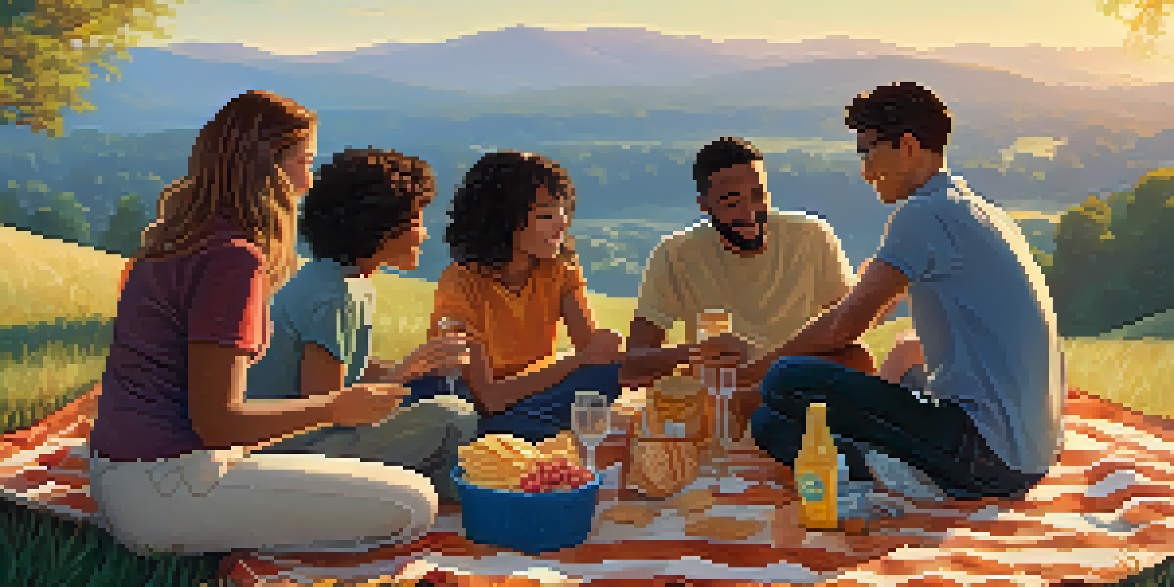 A group of friends sitting together on a grassy hill at sunset, engaging in a positive discussion, surrounded by nature.