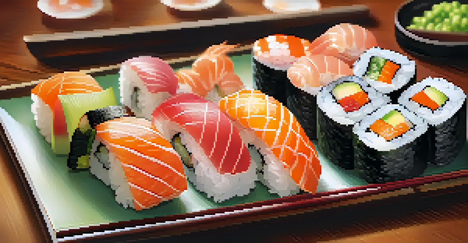 A close-up of a beautifully arranged sushi platter with various types of sushi and garnishes on a wooden table.