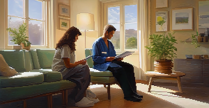 A patient and healthcare provider having a discussion in a bright and cozy room filled with plants.