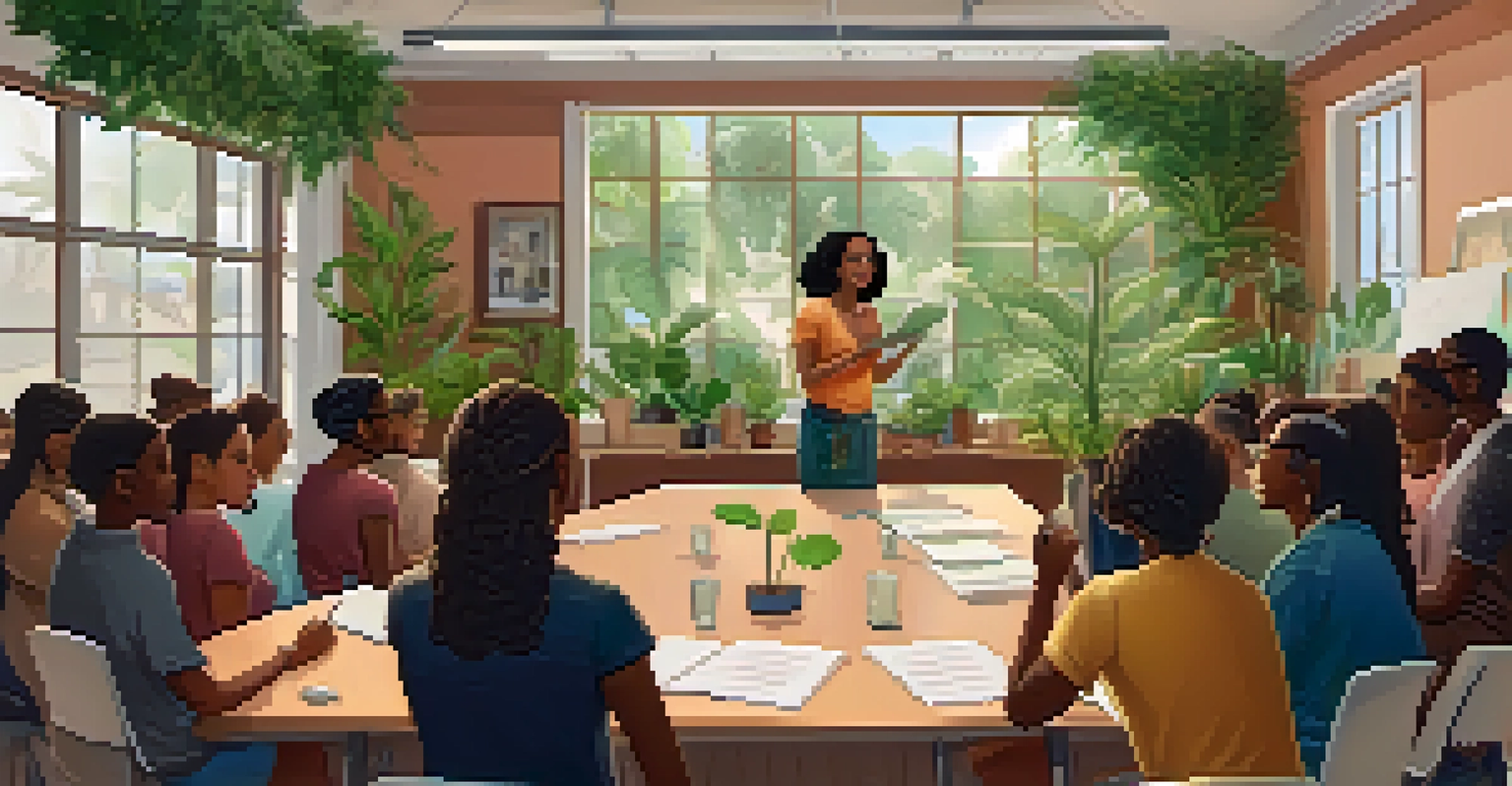 A woman presenting a cannabis workshop to an engaged audience in a bright, plant-filled room.