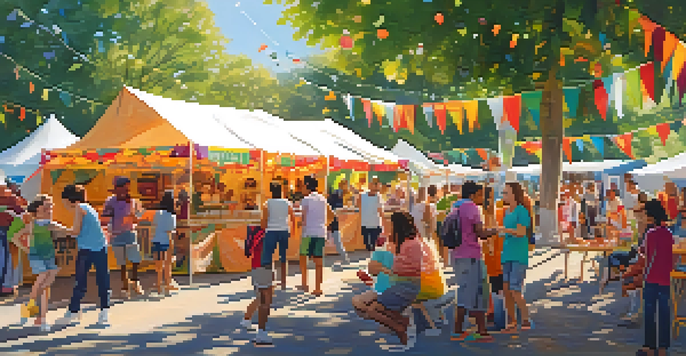 A lively community festival with diverse people engaged in various activities under warm sunlight.