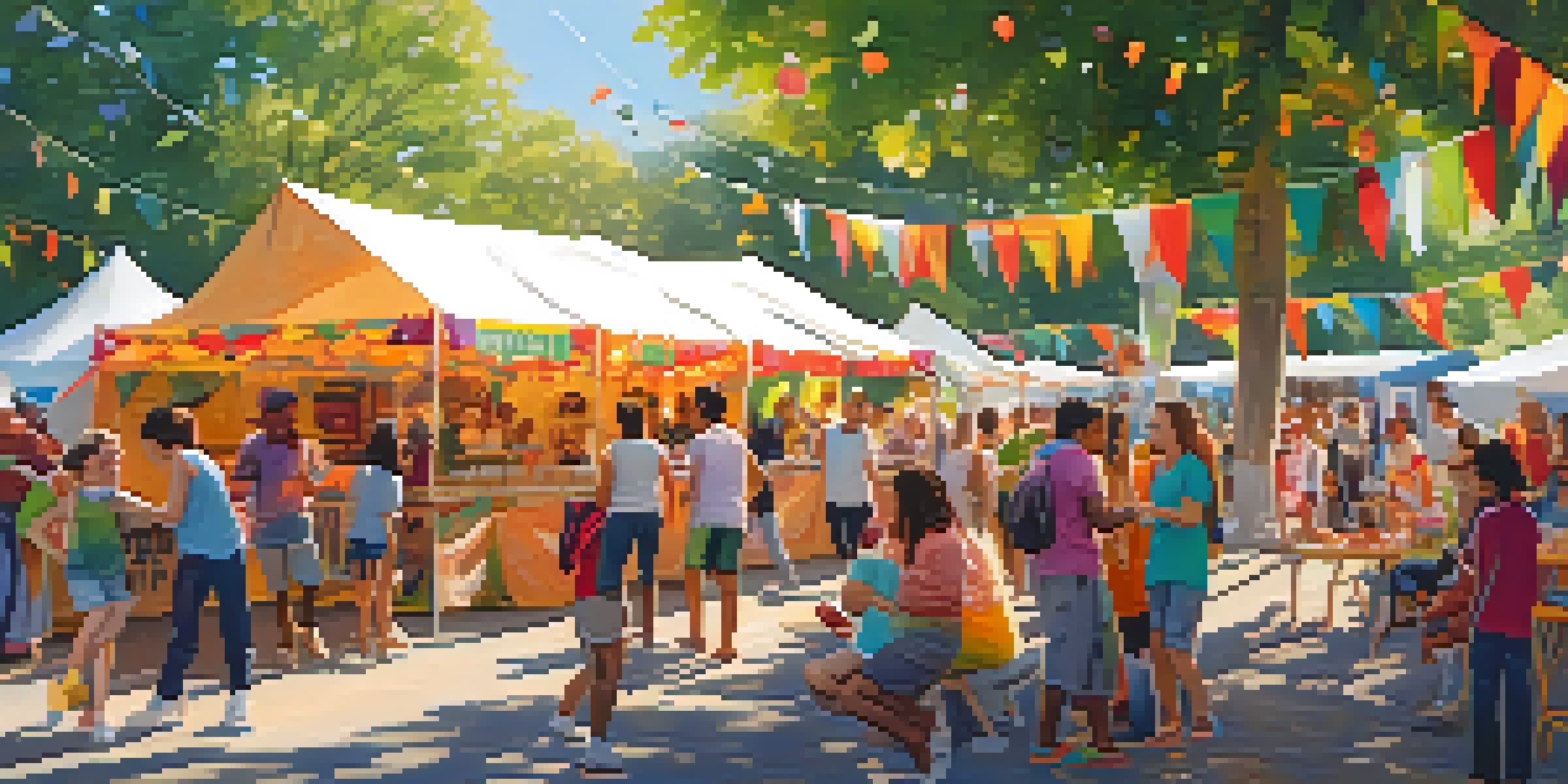A lively community festival with diverse people engaged in various activities under warm sunlight.