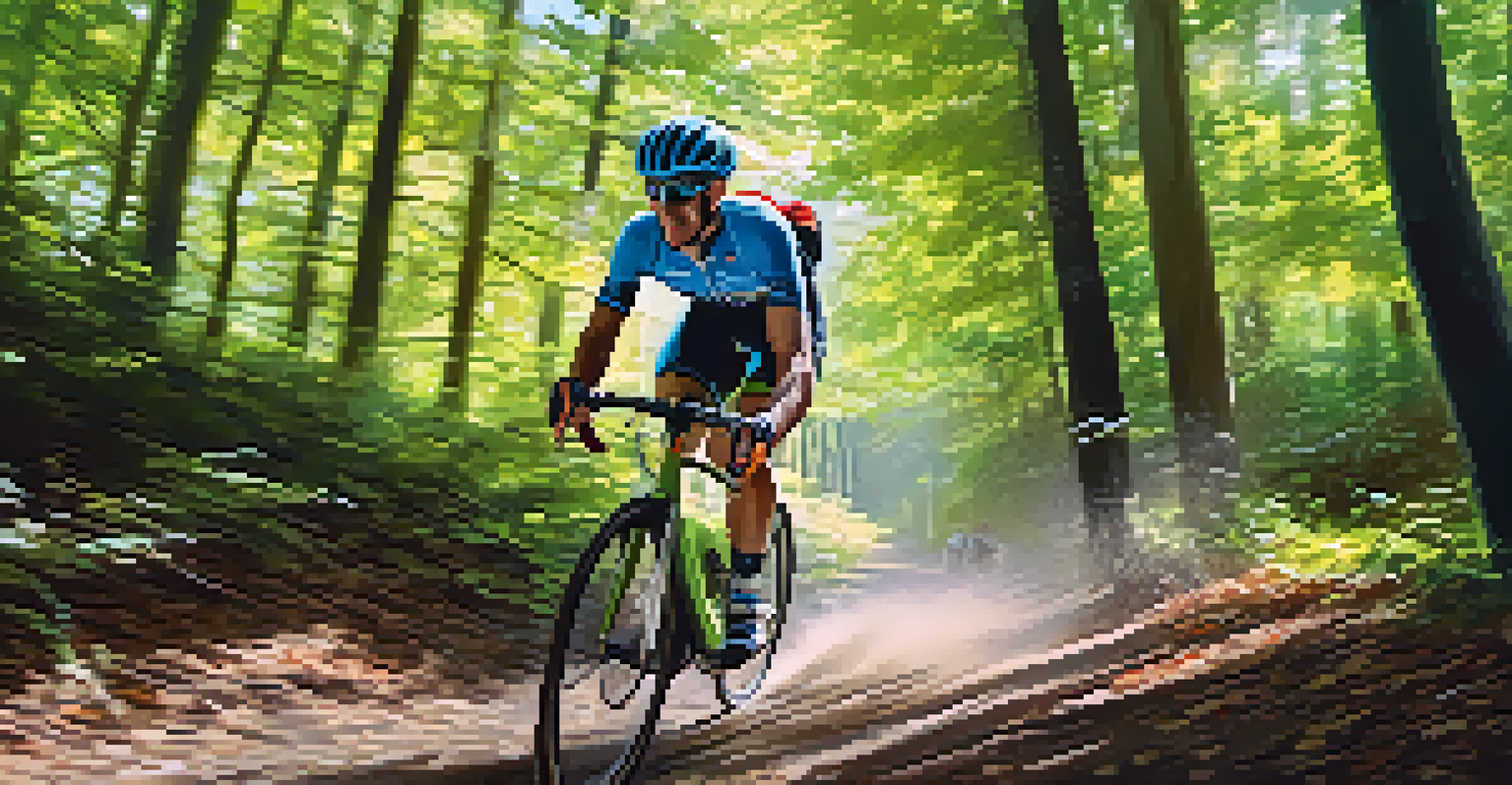 A cyclist racing through a forest trail, surrounded by greenery and sunlight.