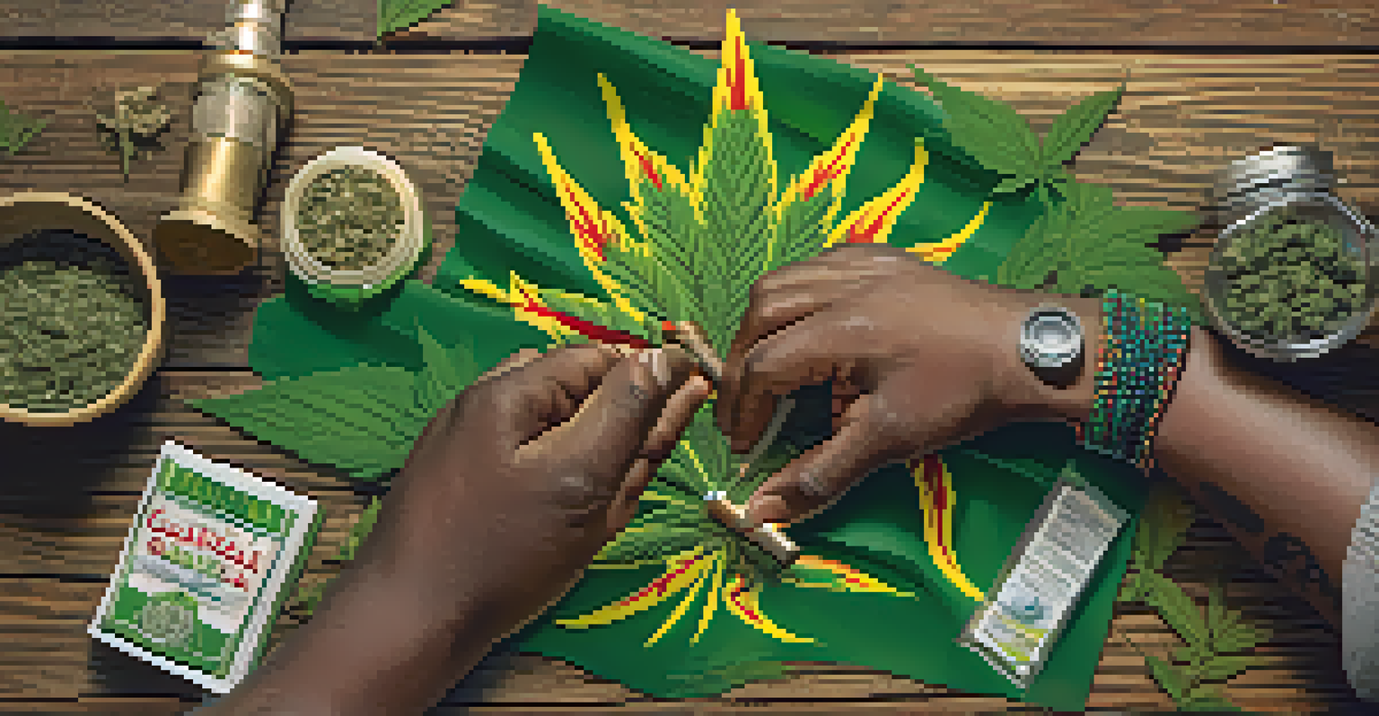 Close-up of hands rolling cannabis with Rastafarian symbols in the background, showcasing cultural elements.