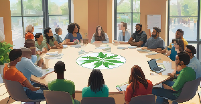 A diverse group of people sitting in a community center, discussing marijuana policy with notes and a whiteboard.