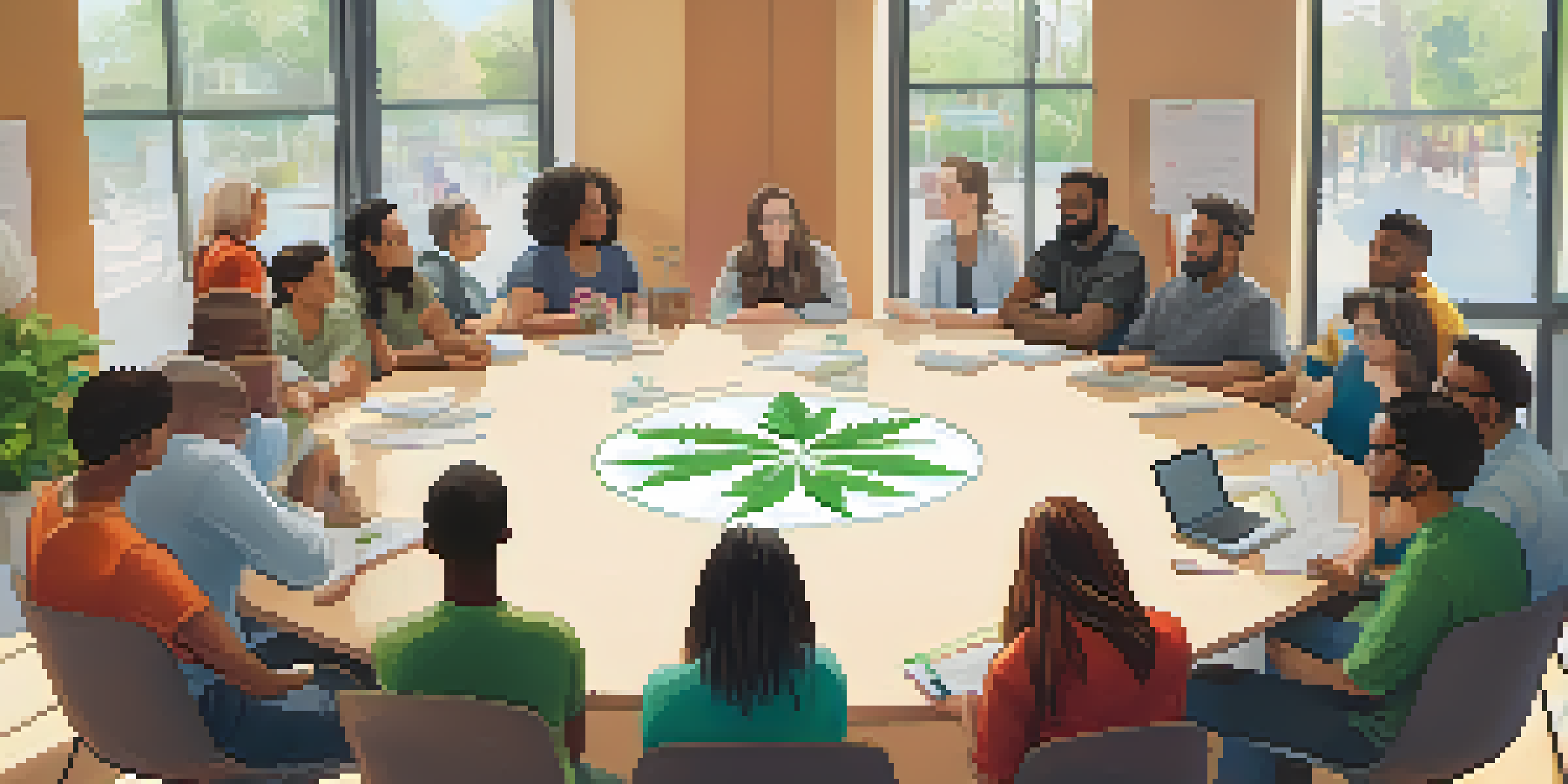 A diverse group of people sitting in a community center, discussing marijuana policy with notes and a whiteboard.