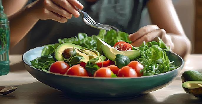 A close-up of hands holding a healthy salad bowl in a cozy dining setting.
