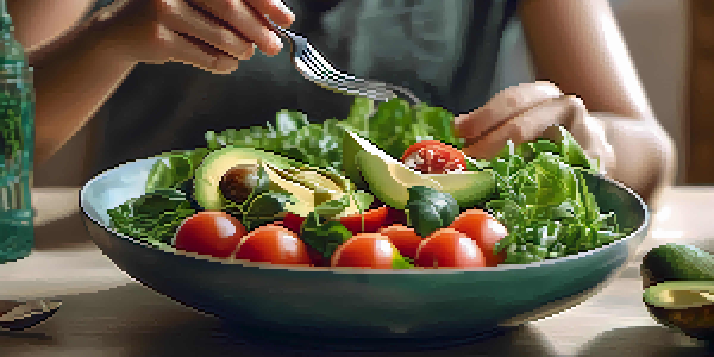 A close-up of hands holding a healthy salad bowl in a cozy dining setting.