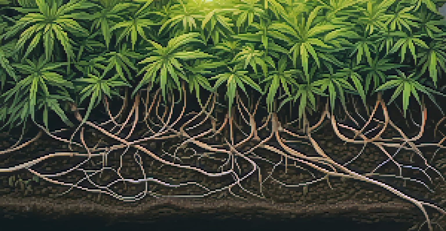 Close-up of healthy marijuana plants revealing rich soil and root systems under soft sunlight.