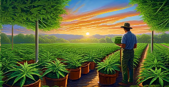 A peaceful organic marijuana farm at sunrise with a gardener inspecting green plants and a basket of organic fertilizers.