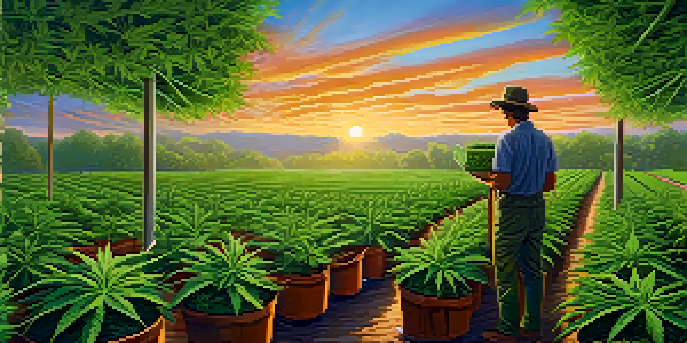 A peaceful organic marijuana farm at sunrise with a gardener inspecting green plants and a basket of organic fertilizers.