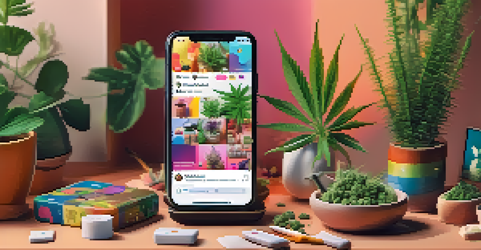 A smartphone with an Instagram feed featuring engaging cannabis content in a cozy workspace.