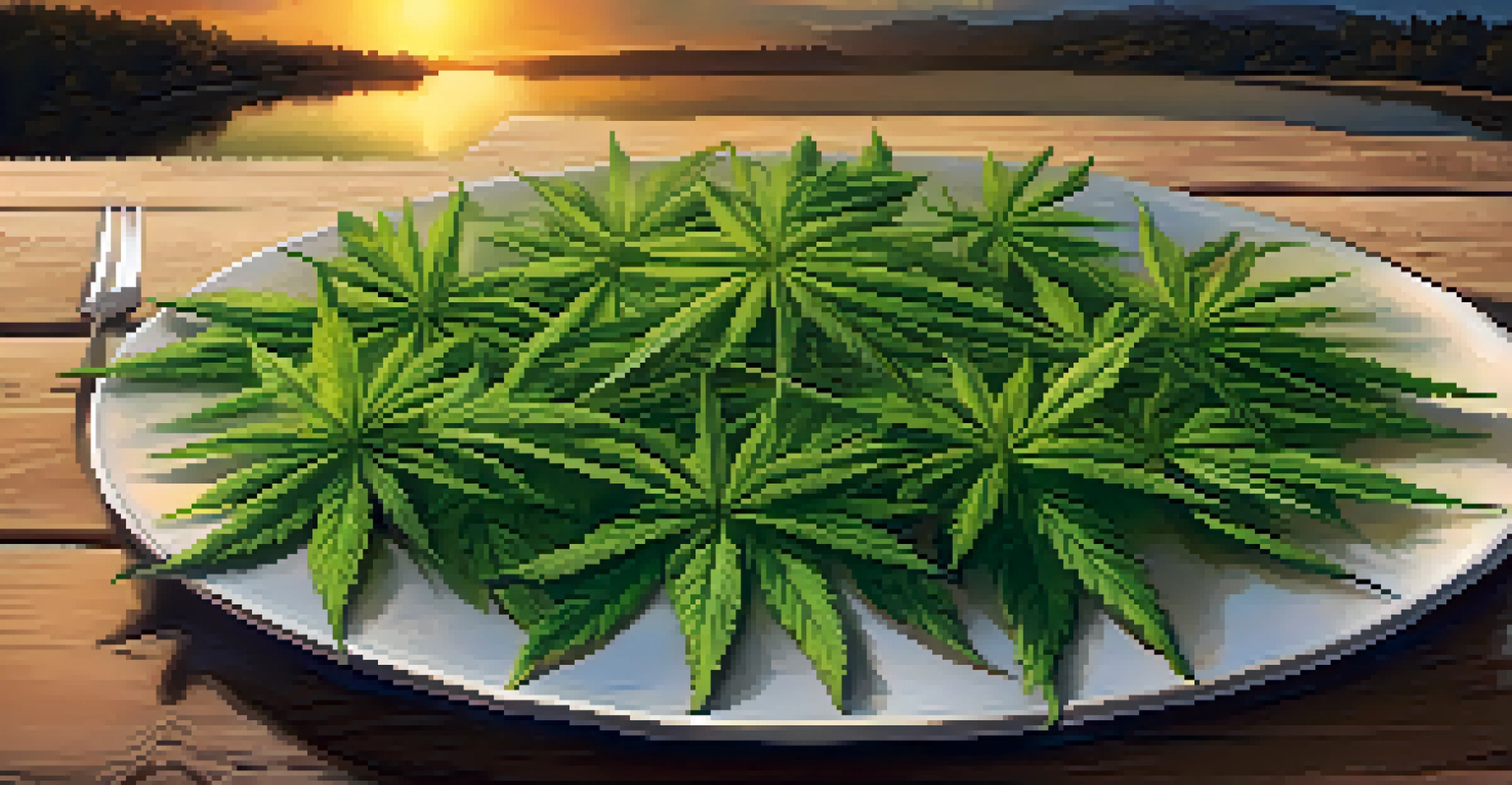 A beautifully plated cannabis-infused dish on a rustic table, with cannabis leaves as garnish, set against a green landscape and sunset.