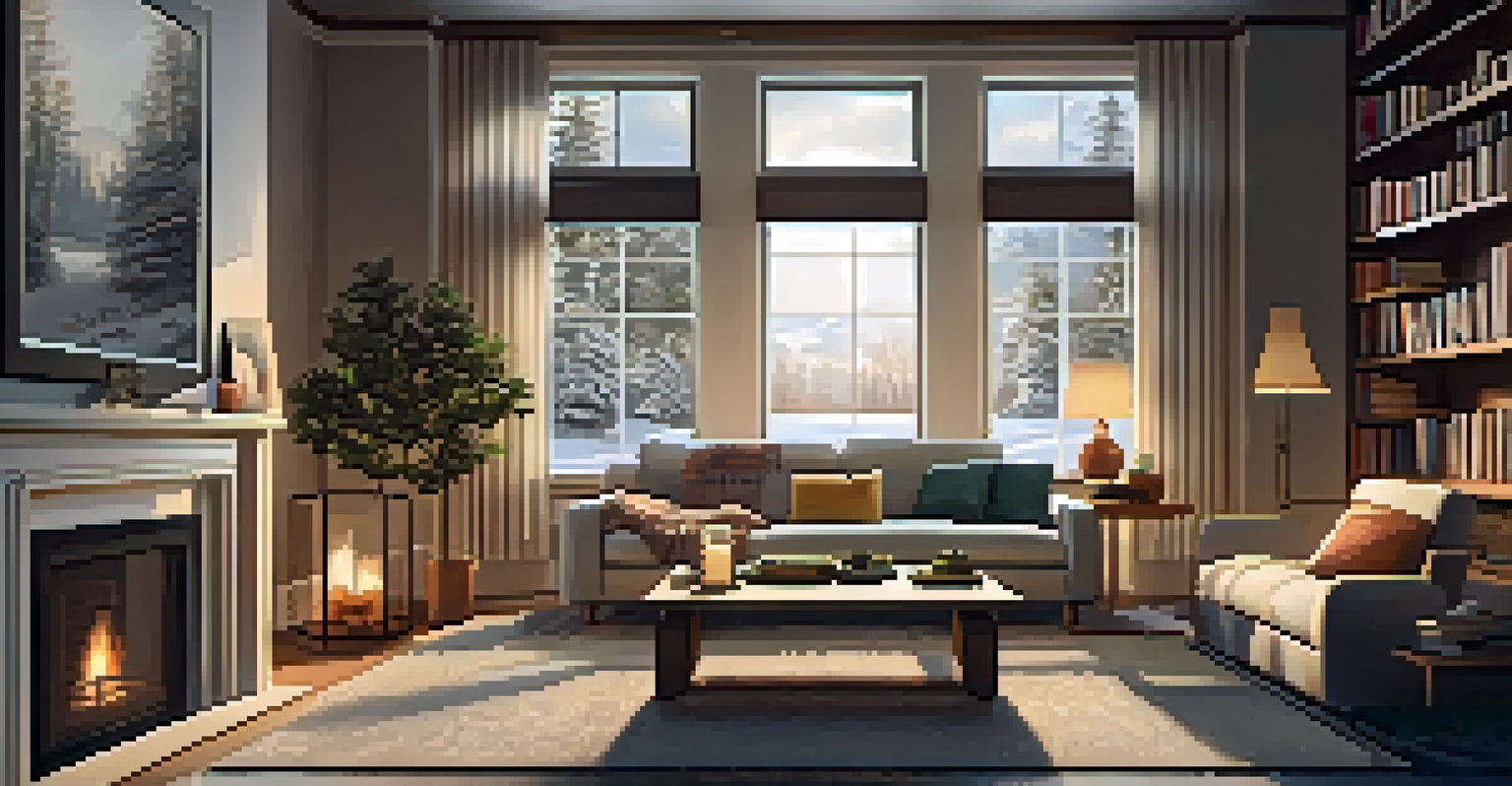 A cozy living room with a fireplace, soft lighting, and a snowy landscape visible outside the window.